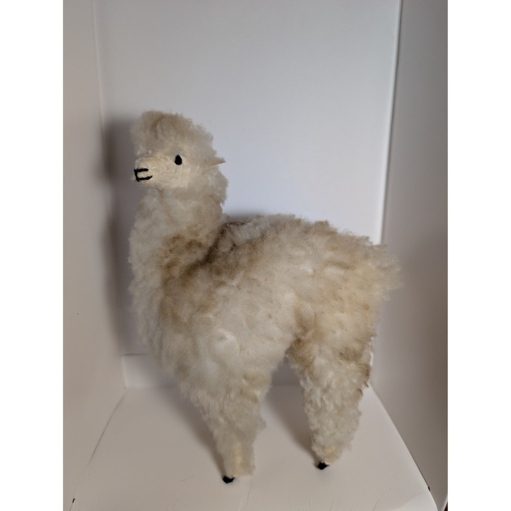 Handmade Peru Alpaca Wool Posable Figurine Boho Eclectic Decor White Tan 8x6